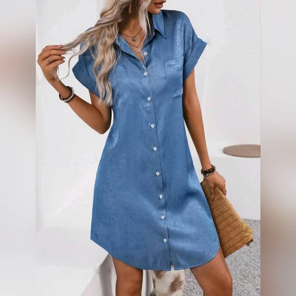 NEW Chic Button Down Shirt Dress Chambray Denim Blue - Picture 4 of 7